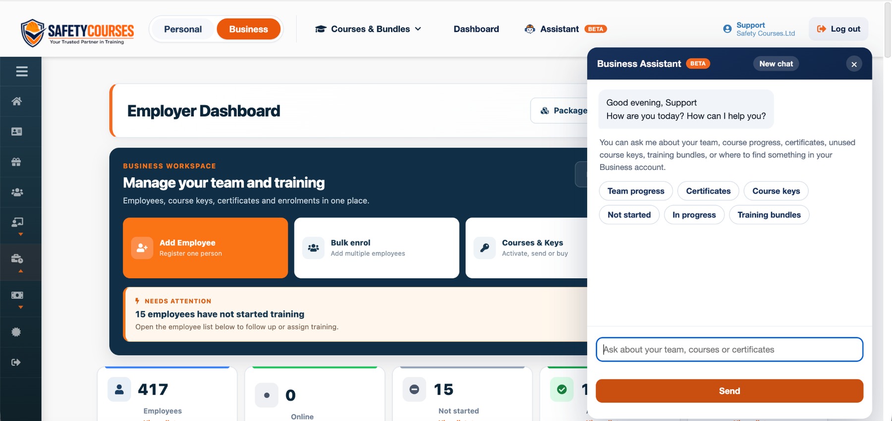 Real Irish Health and Safety employer dashboard with Business Assistant open