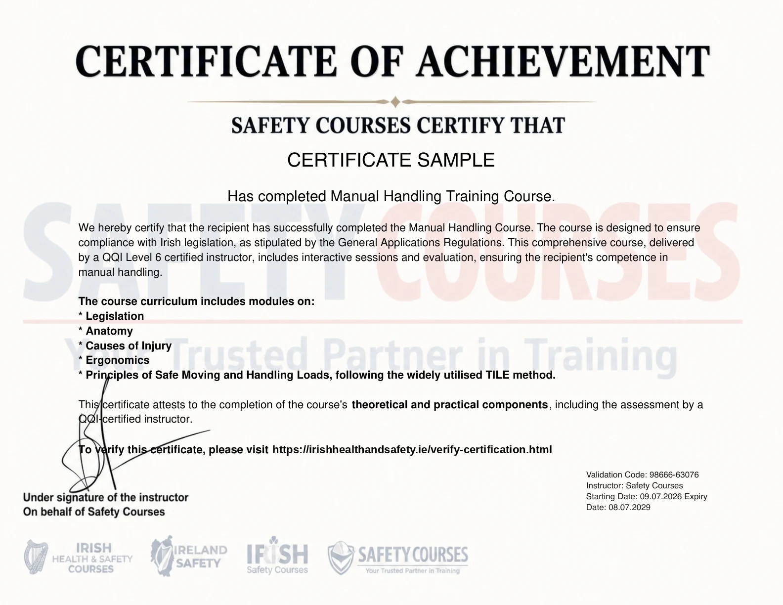 Sample Certificate of Achievement issued on completion, showing the recipient name, the course title, the course curriculum, a validation code, the instructor line and the starting and expiry dates.