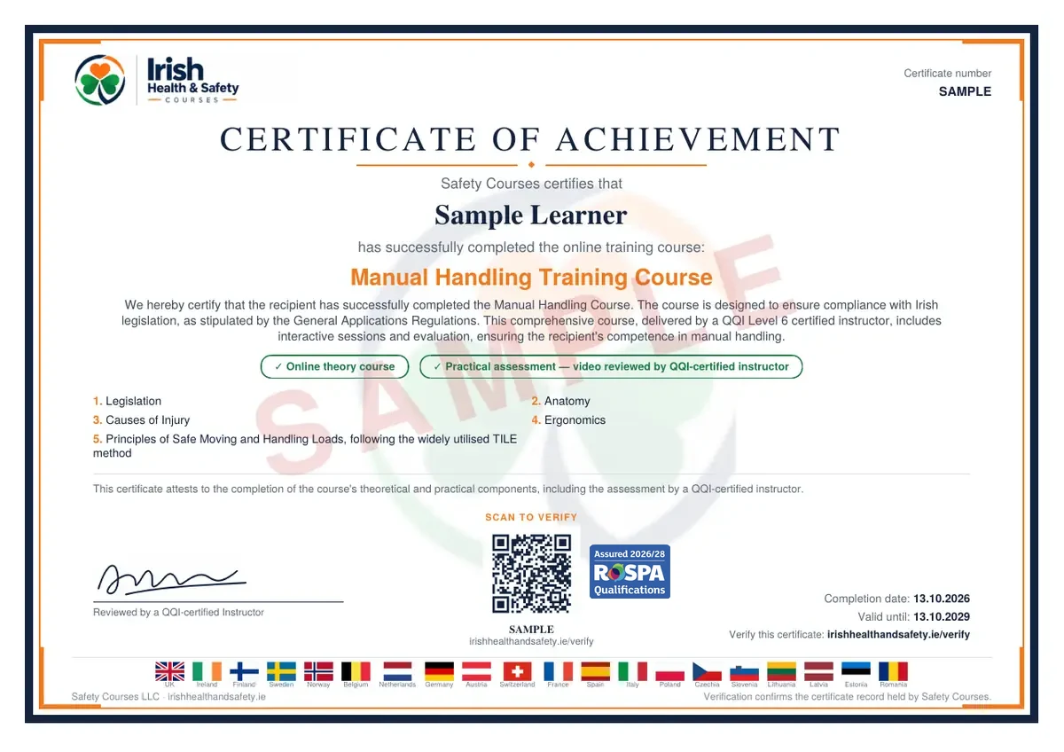 Sample Certificate of Achievement issued on completion, showing the recipient name, the course title, the course curriculum, a validation code, the instructor line and the starting and expiry dates.
